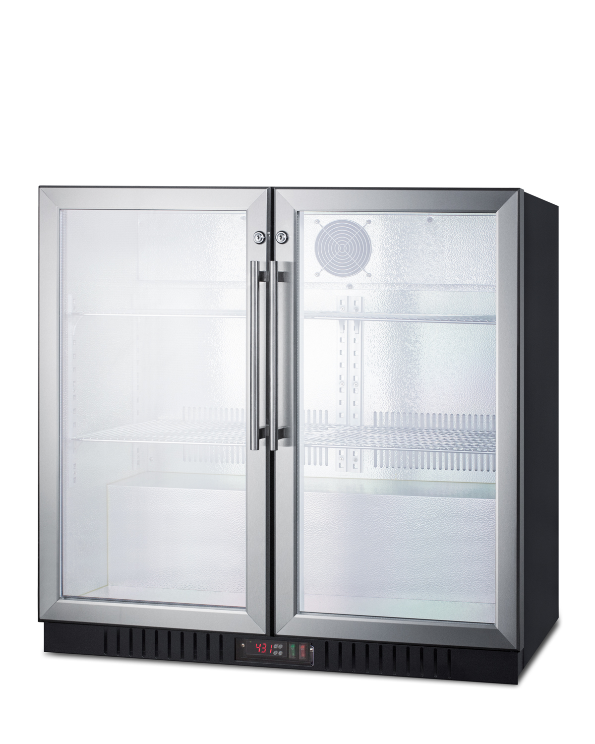 Commercial back bar beverage center for freestanding use designed for the display and refrigeration of beverages and sealed food, with locks, digital thermostats, and glass doors in a French door swing
